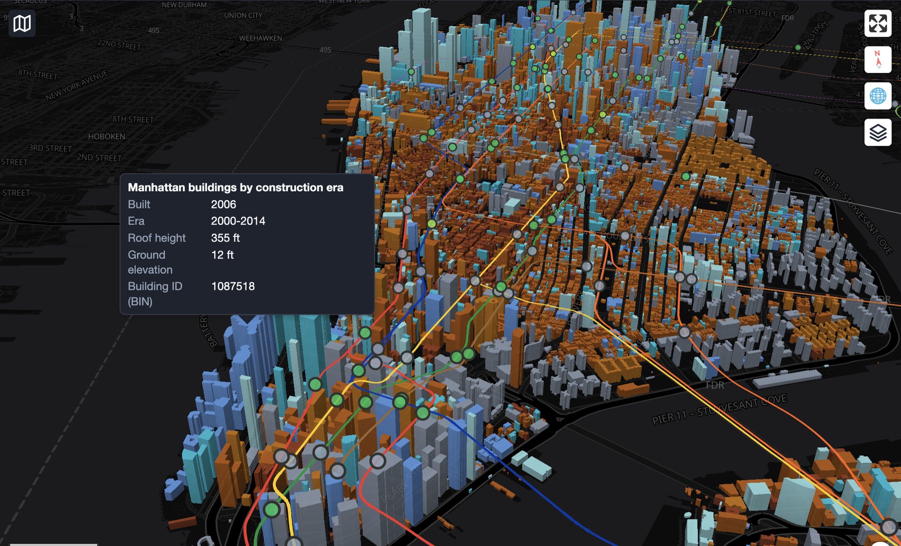 Geoverse showing Manhattan buildings in 3D, colored by construction era, with subway lines and a building detail panel